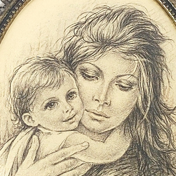 Vintage Giuseppe Tarantino Mother Child Silk Serigraph Italy Ornate Brass Frame - Picture 3 of 6